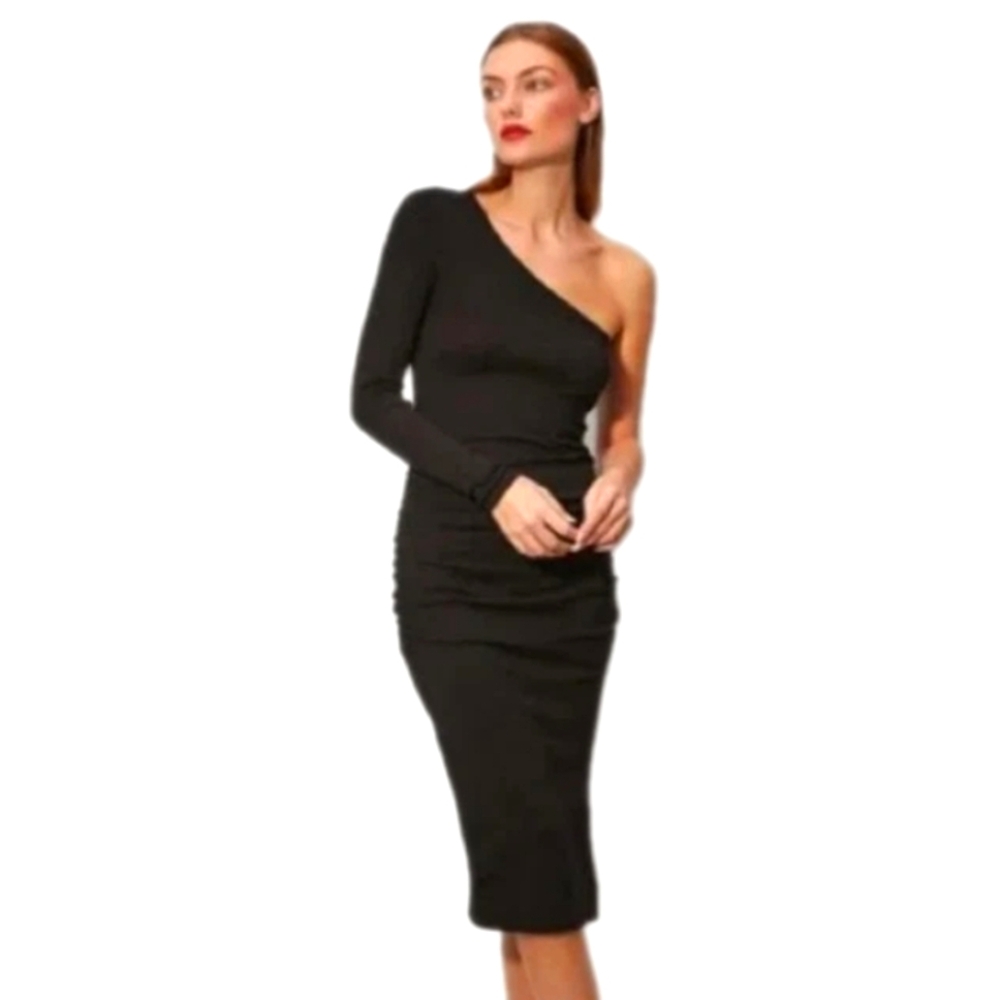 Michael Stars Women’s Black Lina Midi One Shoulder Dress With Slit Sz XLP